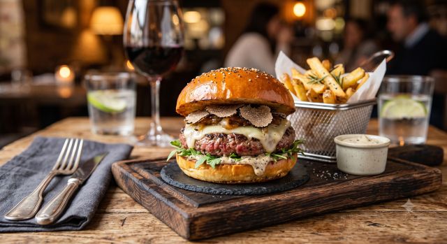Plato generado con IA: Hamburguesa Trufada en carta digital
