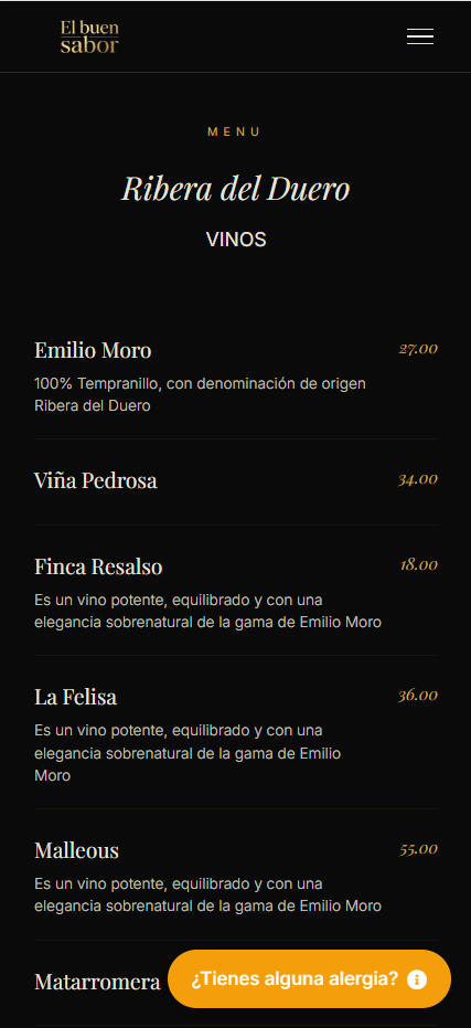Menú QR interactivo con platos y precios en smartphone