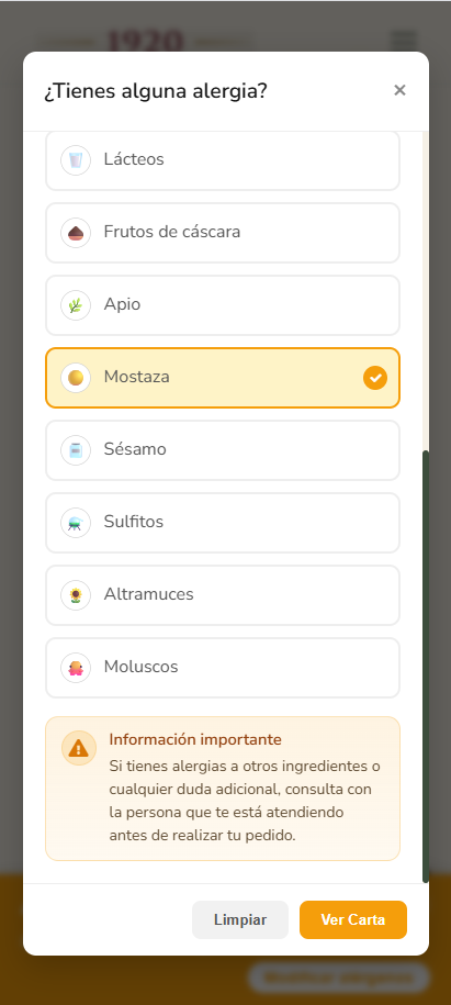 Selector interactivo de alérgenos en la carta QR de i-carta