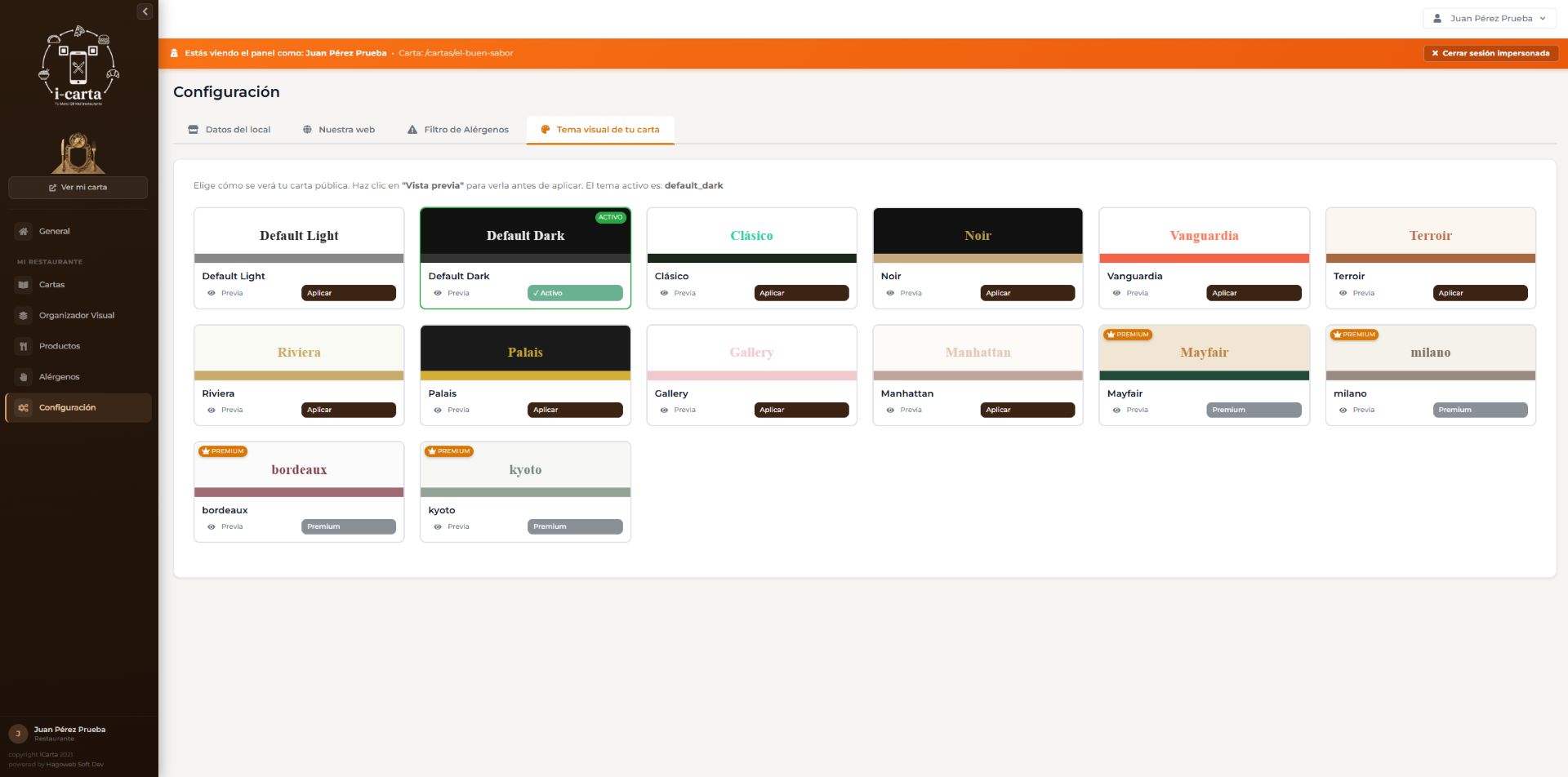 Selector de temas visuales premium